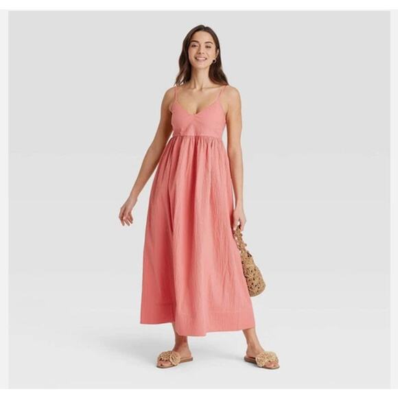 Women's Seersucker Maxi A-Line Dress - A New Day Coral XS New - Picture 1 of 9